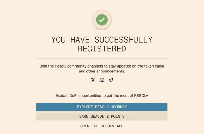 เผื่อใครตกข่าว เมื่อ 2 วันก่อน Resolv Labs เปิดลงทะเบียน $RESOLV S1 airdrop นะครับ ใครฟาร์มอยู่ เปิดลงทะเบียน 7 วันเท่านั้น (สิ้นสุด 16 พ.ค.)