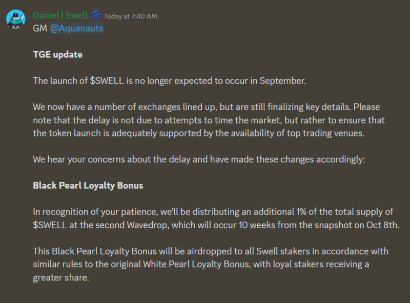 เช้านี้ Swellnetworkio แจ้งบน Discord ว่ากำหนด TGE จะถูกเลื่อนออกไป จากเดิมที่จะเกิดขึ้นในเดือน ก.ย.นี้ (ความจริงเลื่อนมาหลายรอบแล้วตั้งแต่ต้นปี)