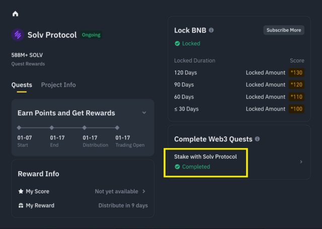 Binance Megadrop จาก Solv Protocol Megadrop Rewards: 588m $SOLV (6.09% of max token supply) ระยะเวลาแคมเปญ: 7 - 16 ม.ค. 2025 วิธีทำ: เข้าไปที่แอป Binance เลือกเมนู Wallets และกดแท็บ Web3 จะเจอทางให้เข้าไปทำครับ ใช้ต้นทุนต่ำสุด คือต้องซื้อ BTCB มูลค่าขั้นต่ำ 0.00011 $BTCB (~$12) บน BNB Chain เพื่อนำไปล็อคกับ Solv จากนั้นกด verify เควส ถ้าขึ้นแบบในกรอบสีเหลืองก็เป็นอันสำเร็จ โดยจะได้รับโบนัส 500 points มีผลวันถัดไป ข้อสังเกต คือรอบนี้ให้ bonus แค่ 500 ต่างจากรอบก่อนคือ 1,000 points (เทียบ 500 pts เท่ากับการล็อค 3.33 BNB เป็นเวลา 30 วัน --- ขณะที่ Megadrop รอบก่อนเทียบเท่า 6.66 BNB) นั่นหมายความว่ารายย่อยจะได้รับประโยชน์น้อยลง ใครที่เป็นวาฬเอา BNB ไปล็อคก็จะได้ประโยชน์มากขึ้น