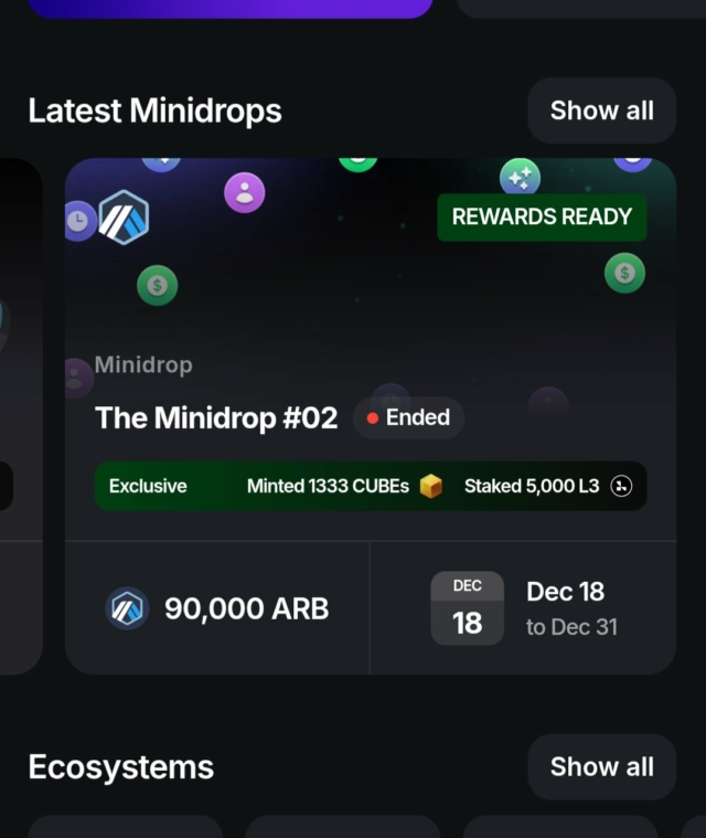 เควส Minidrop 02 ของ Layer3 เริ่มแจกแล้วนะครับ จำกัดแค่ 3,333 คน คนละ 41.8 $ARB