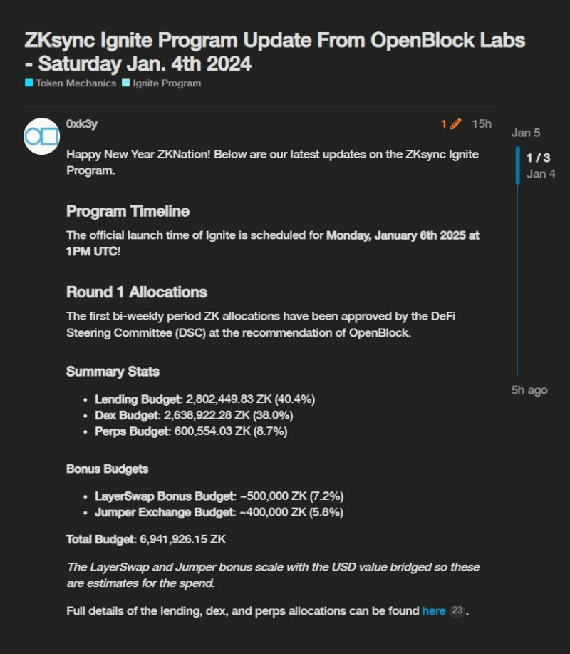 เริ่มแล้วพรุ่งนี้ ZKsync Ignite Program ZKsyncIgnite แจก 300,000,000 $ZK ตลอด 9 เดือน (คิดเป็นมูลค่าปัจจุบัน ~$62.4M USD) เป็นอีกช่องทางของคนอยากได้ yield แบบกะเก็งล่วงหน้าได้ ไม่ต้องไปหวังน้ำบ่อหน้า ผ่านการฝาก Liquidity บน DeFi ของ ZKsync ครับ