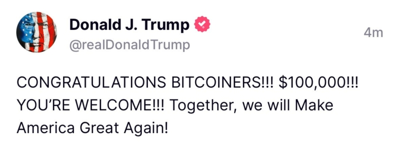 President-elect Trump congratulates Bitcoin holders on surpassing $100,000