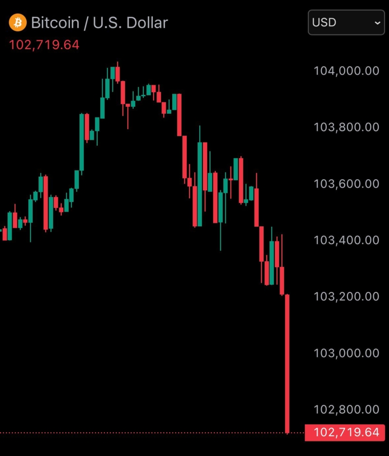JUST IN: Bitcoin falls under $103,00