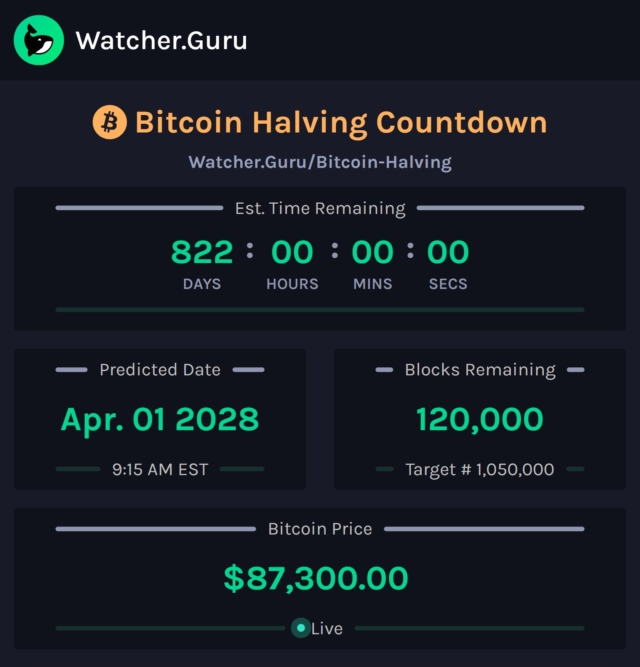 JUST IN: 120,000 blocks remain until the next Bitcoin Halving.