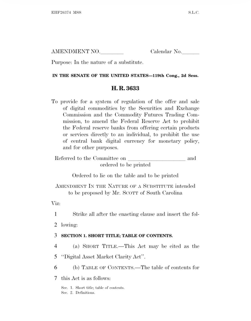 US Senate Banking Committee releases crypto Clarity Act draft bill.