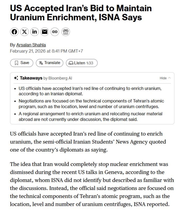 Reports from Iran's semi-official news agency indicate that the United States has accepted key conditions for Iran to continue enriching uranium. The recent negotiations in Geneva did not aim for Iran to cease its entire program, but rather focused on discussing technical details. The key issues concern the level of uranium concentration, the number and location of centrifuges. This stance reflects a more conciliatory approach than a direct confrontation. However, there was no discussion about relocating nuclear material out of the country. Or the creation of a regional agreement at this stage. This progress may alleviate short-term diplomatic pressure. But the long-term direction still depends on the details and trust between the two sides.
