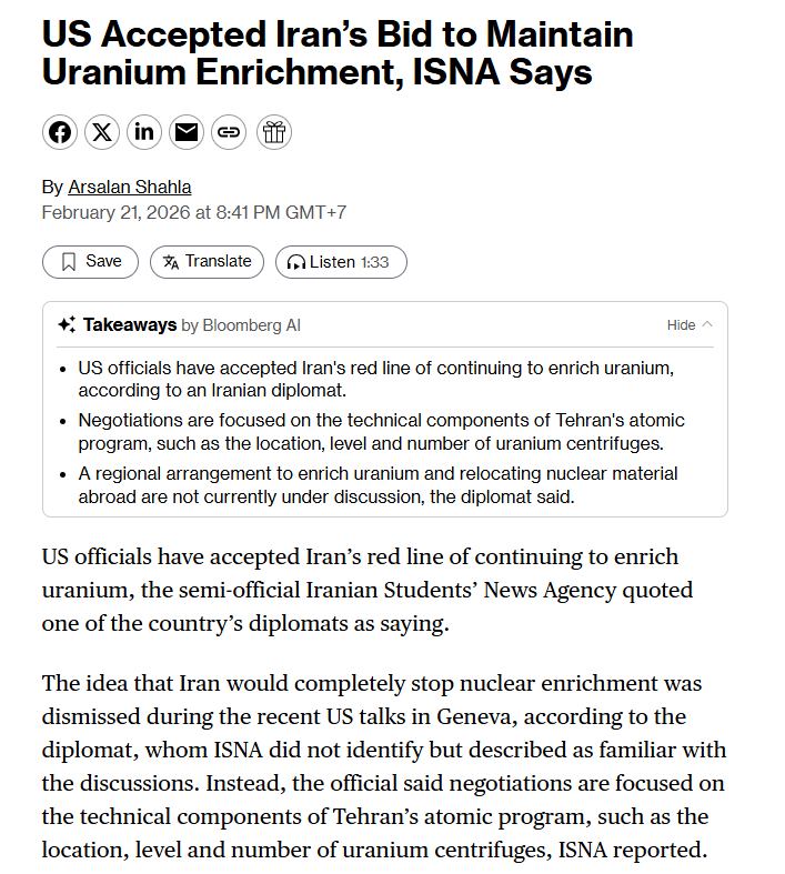 reports-from-irans-semi-official-news-agency-indicate-that-the-united-states-has-accepted-key-conditions-for-iran-to-continue-enriching-uranium-the-recent-negotiations-in-geneva-did-not-aim-for-ira