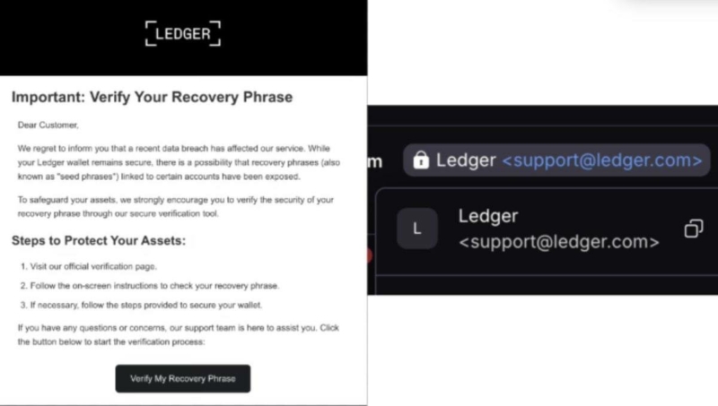 Hackers sent fake Ledger support emails claiming a breach to steal seed phrases. The phishing emails appeared legitimate by mimicking Ledger’s email domain and redirected users to a counterfeit website.