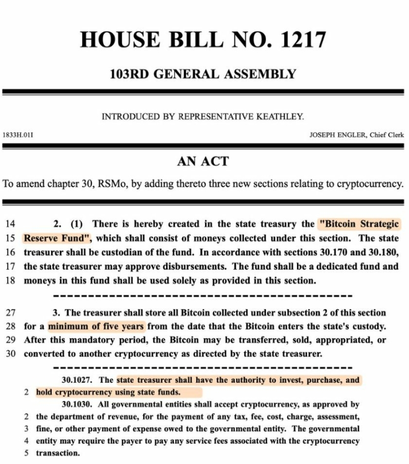 Missouri Rep. Ben Keathley proposes bill to add Bitcoin to the state’s financial strategy. If passed, the treasurer could receive, invest, and hold Bitcoin.