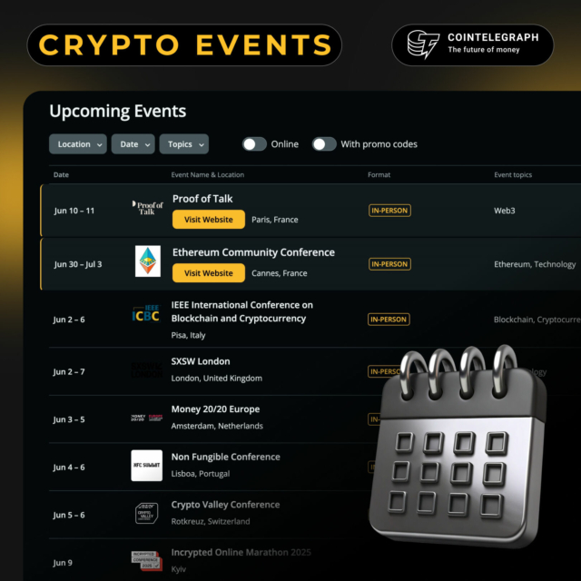 EXCLUSIVE: Cointelegraph’s Crypto Events hub brings you the best crypto events at your fingertips. Access exclusive promos, discover events, and meet top speakers.