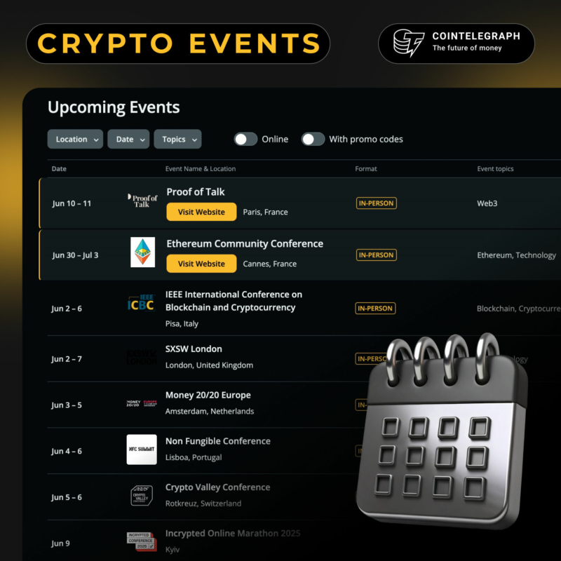 EXCLUSIVE: Cointelegraph’s Crypto Events hub brings you the best crypto events at your fingertips. Access exclusive promos, discover events, and meet top speakers.