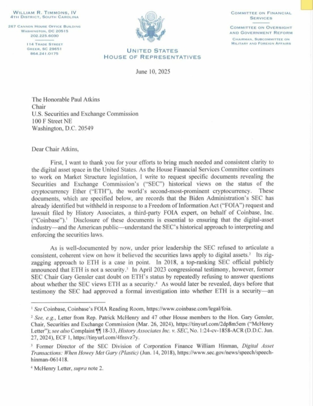 NEW: Congressman Timmons sends formal letter to SEC Chair Atkins requesting documents on inconsistent $ETH treatment under former Chair Gensler as Congress advances the CLARITY Act.