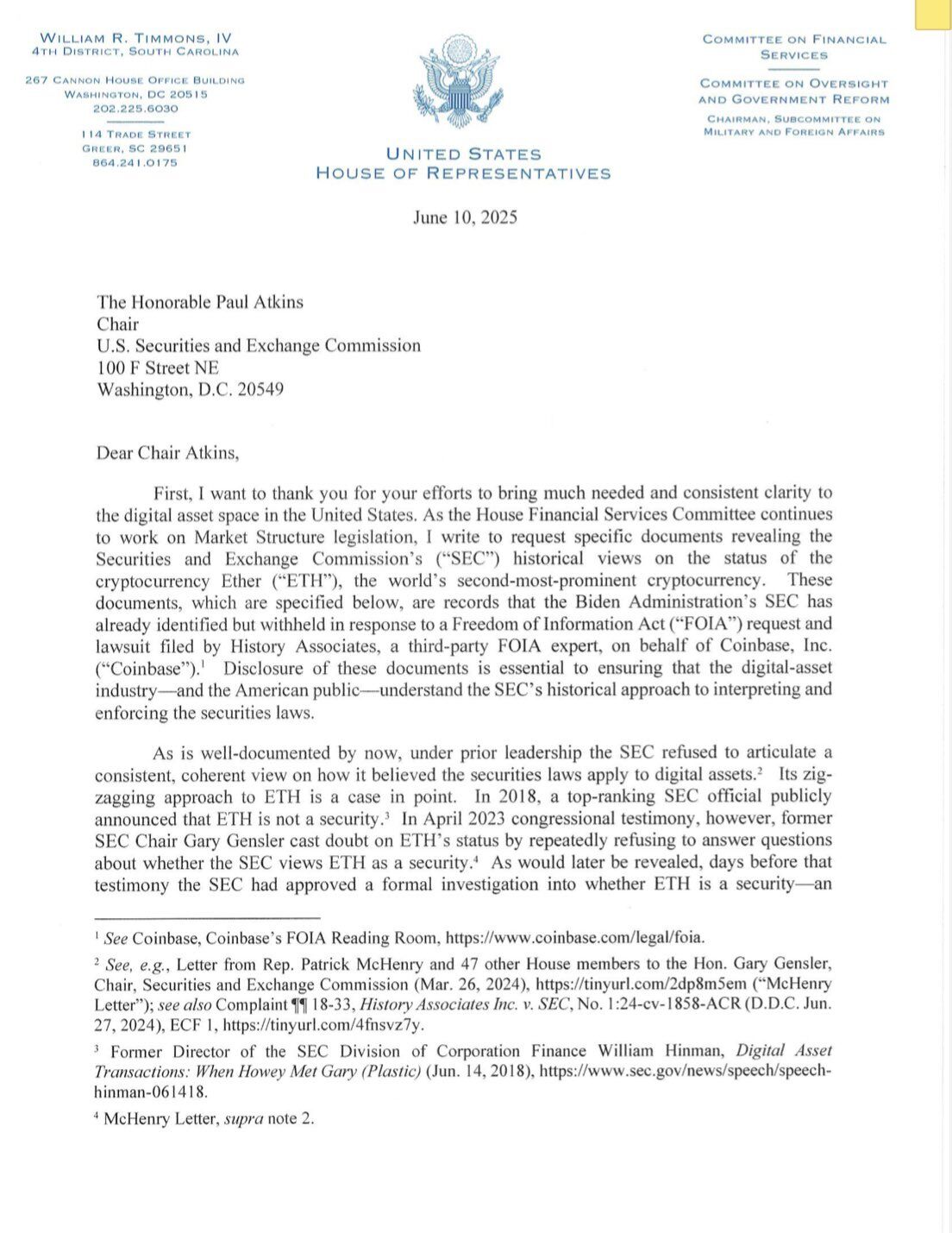 new-congressman-timmons-sends-formal-letter-to-sec-chair-atkins-requesting-documents-on-inconsistent-eth-treatment-under-former-chair-gensler-as-congress-advances-the-clarity-act
