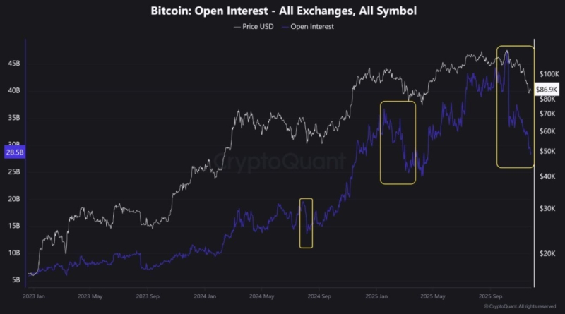 Bitcoin saw the largest Open Interest drop this cycle from $45B to $28B within a few days, signaling a leverage washout rather than a bear market, per CryptoQuant.
