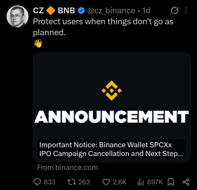 Binance canceled its SpaceX IPO token campaign, refunded all user funds, and is now airdropping $1M in SPCXB tokens to participants.
