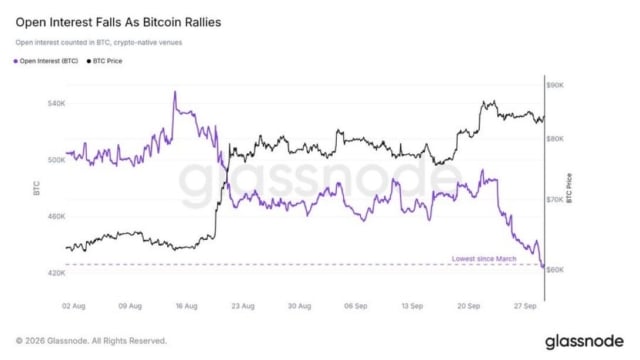 Bitcoin has risen 35% from its August low while BTC-denominated open interest has fallen nearly 20% to its lowest level since March, according to Glassnode.