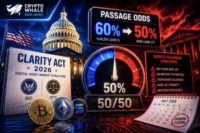 Galaxy Research cuts Clarity Act 2026 passage odds to 50%, citing Senate calendar concerns