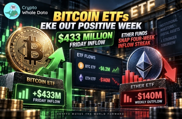 Bitcoin ETFs eke out positive week with $433 million Friday inflow as ether funds snap four-week inflow streak