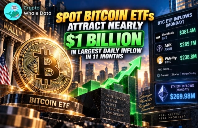Spot bitcoin ETFs attract nearly $1 billion in largest daily inflow in 11 months