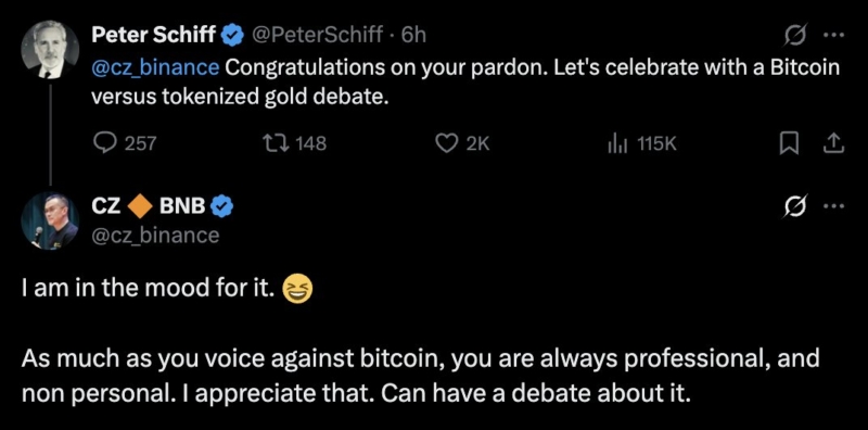 CZ has accepted Peter Schiff’s challenge to debate Bitcoin versus tokenized gold, highlighting Schiff’s professionalism and non-personal approach despite their differing views on $BTC and crypto.
