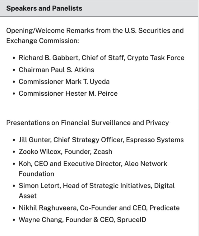 The SEC has updated the agenda for its Dec. 15 roundtable on crypto, financial surveillance, and privacy — featuring Zcash founder Zooko Wilcox, and other crypto and blockchain leaders.