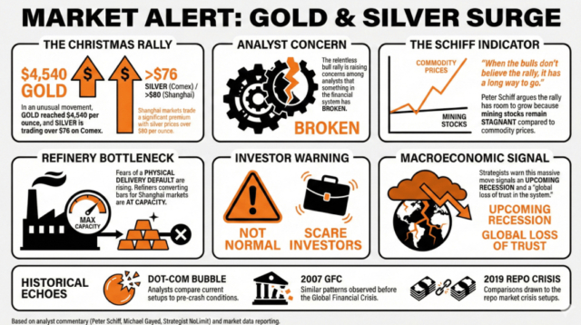 Recession? Defaults? Silver and Gold Keep Surging, and Analysts Are Scared With gold and silver reaching record highs almost daily, leaving investment alternatives in the dust, analysts are scared about what this might mean for the wider economic ecosystem. Some believe this is not normal and might lead to a recession. GOLD’S AND SILVER’S BULL RALLY SCARE FINANCIAL ANALYSTS The relentless bull rally that gold and silver are experiencing is raising concerns among financial analysts, who believe that something may have broken. A recession might be just around the corner, some analysts predict. In a post-Christmas hike, gold reached $4,540 per ounce, and silver has now surpassed $76 on Comex, while Shanghai markets feature significant premiums with prices of over $80 per ounce. This metal escalade is poised to continue, as analysts note there are signs indicating there is still room for growth. Known gold bug Peter Schiff stated that one of these signs is the stagnation of mining stocks compared to the price of these metal commodities. “When the bulls don’t believe the rally, it has a long way to go,” he stressed. What’s more troubling is that there could be a physical delivery default incoming, as refiners that take 1,000-ounce bars and turn them into 1-kilogram ingots destined for Shanghai markets are at capacity. Nonetheless, Silvertrade claims that this will not stop industrial end users from taking delivery of this metal. Michael Gayed, an ETF portfolio manager, stated that this situation was not normal and that it should scare investors. Others agree, stressing that this massive move towards metals is not a good sign for the world’s economy, possibly signaling an upcoming recession. Strategist NoLimit assessed that this kind of move is part of a global loss of trust in the system, comparing it to similar setups before the dot-com bubble, the 2007 global financial crisis, and the 2019 repo market crisis. Jim Rickards recently predicted that gold might reach $10,000, with silver following along for the ride at $200 by 2026.