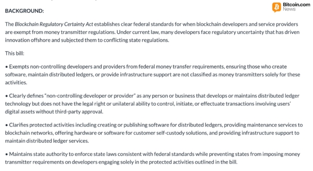 Senator Lummis and Senator Wyden, introduce bipartisan legislation to clarify that blockchain developers who don’t handle user funds are not treated as money transmitters. The Blockchain Regulatory Certainty Act aims to protect innovation and prevent overreach.