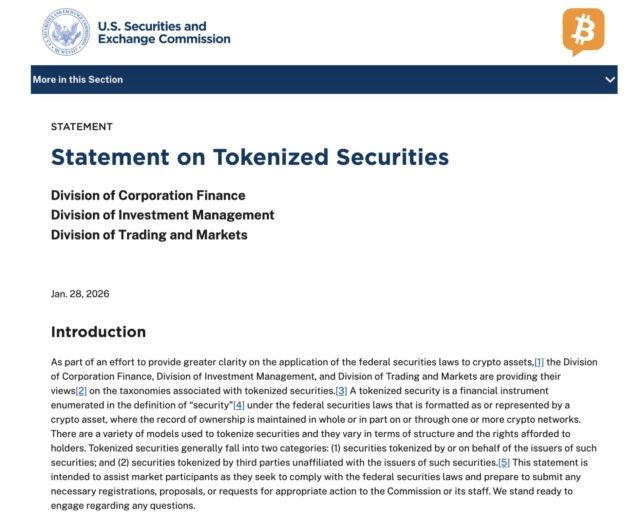 The SEC issues new guidance on tokenized securities, clarifying that tokenization format doesn't change securities law application. The statement distinguishes between issuer-sponsored and third-party tokenized securities, including custodial and synthetic models.