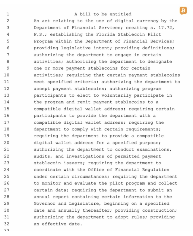 Florida Senate just passed the nation's first state stablecoin framework. Unanimous 34-0 vote. The pilot program lets residents pay government fees with qualifying stablecoins ($1B+ market cap, fully backed by reserves).