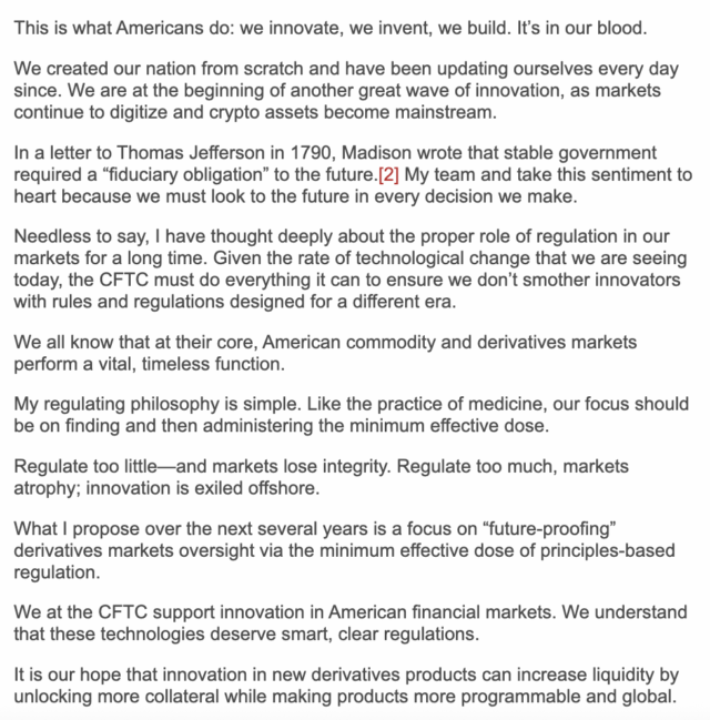 CFTC Chairman Selig warns that overregulation means "innovation is exiled offshore." Selig says the CFTC will issue guidance on DeFi registration, prediction markets, leveraged crypto trading and perpetual derivatives as part of its Project Crypto initiative.