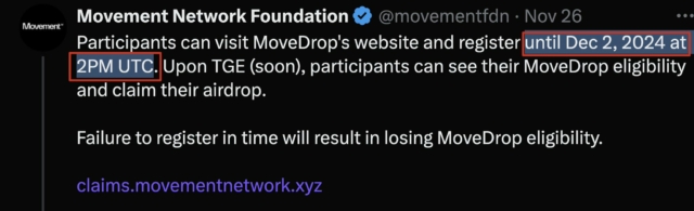 Less than 5 hours left to register for the Movement Network airdrop