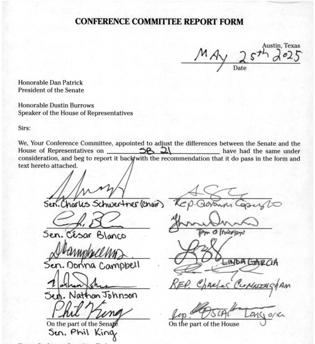 The Conference Committee Report for Texas BTC Reserve bill SB 21 has been published, with a "recommendation that it do pass."