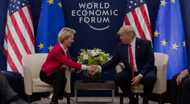 trumps-eu-tariffs-delay-is-no-guarantee-trade-tensions-wont-escalate-market-watchers-say-president-donald-trump-meets-with-european-commission-president-ursula-von-der-leyen-at-the-world-e